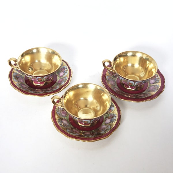 3 petites tasses à thé et soucoupes en porcelaine rouge Walderschof fortement dorée à décor romantique, Bavière, Allemagne, tasses à café