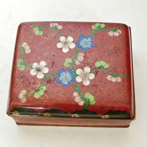 Vintage Chinese Red Cloisonné Square Hinged Trinket Box With Flowers, Enamel Container With Lid, Metal Jewelry Box
