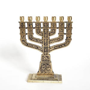 Small Vintage Solid Brass 7 Candles Menorah, Israel Ritual Candle Holder