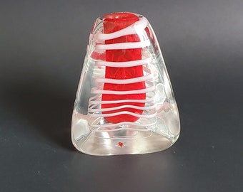 Red And White Striped Art Glass Pyramid Pen Holder Paperweight Or Vase
