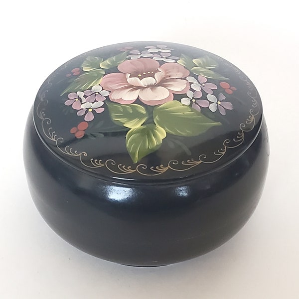 Round Metal Hand Painted Zhostovo Jewelry box Russian folk Art Home Décor