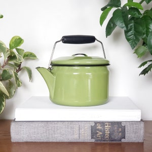 Vintage Olive Green Enamel Kettle Teapot With Handle