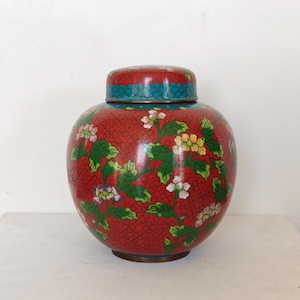 Vintage Chinese Cloisonné Ginger Jar, Enamel Lidded Container, Flower Pattern, Red Background