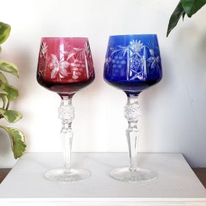 Pair Of Lausitzer Traube Cut to Clear Cranberry Red  And Cobalt Blue Wine Glasses, Cut Crystal Tall Goblets, Hock Glasses, Made In Germany