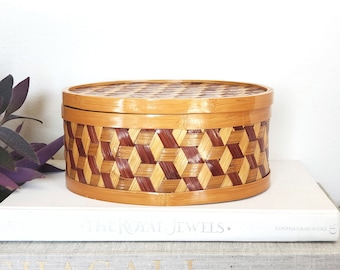 Round Wicker Bamboo Box, Trinket Box, Decorative Storage, Mosaic Bamboo Home Décor, Geometric Two Tone Design