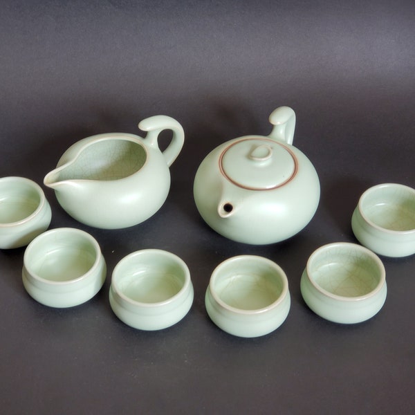 Celadon Ceramic Tea Set, Celadon Glaze Porcelain Mini Teapot And 6 Cups For Traditional Tea Ceremony