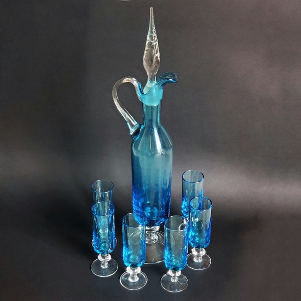 Blue And Clear Glass Ewer With 6 Glasses, Empoli (?), Footed Decanter With Glasses Set, Decanter With Stopper