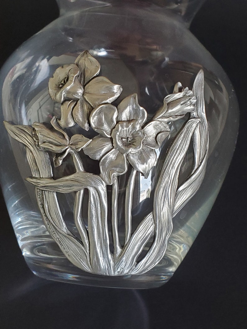 Vintage Seagull Pewter and Glass Vase With Daffodils, Made in Canada