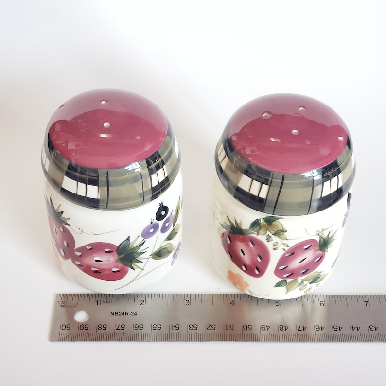 Set of Salt and Pepper Shakers, Oneida, Strawberry Plaid, Hand Painted Ceramic Shakers