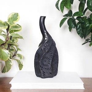 Oxaca Black Clay Barro Negro Mexican Pottery Vase By Dona Rosa, Pierced Vase, Mexican Art Pottery