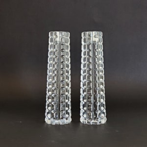 2 Tall Column Crystal Glass Candleholders, Made In Czech Republic, 7 Inch Tall,  Geometric “Facets” Pattern