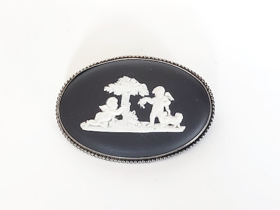 Wedgwood Jasperware Oval Black Brooch, Made In En… - image 1