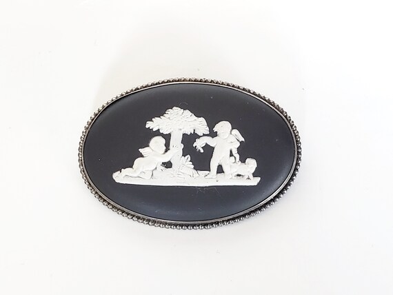 Wedgwood Jasperware Oval Black Brooch, Made In En… - image 1