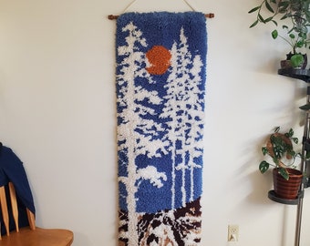 Vintage MCM Latch Hook Rug Wall Hanging Tapestry, Mid Century Modern Winter Nature Scene Tufted Carpet