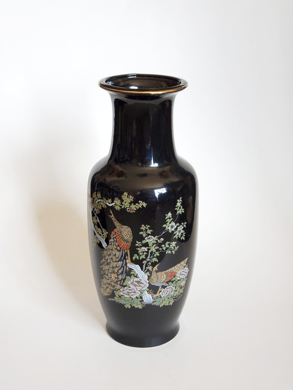 Vintage Japanese Black Porcelain Vase With Peacock and Flowers Etsy