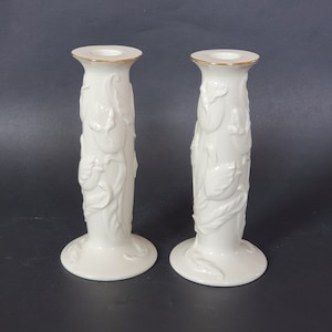 Pair Of White Porcelain Candlestick Holders With Tulips, Tulip By Lenox