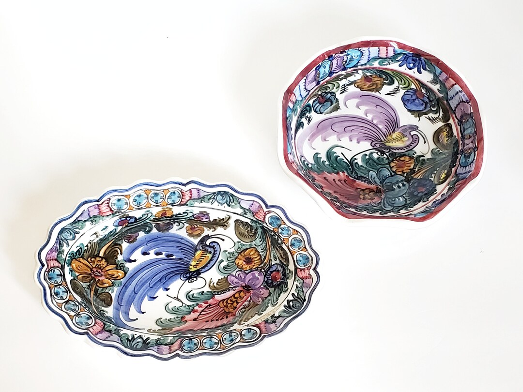 AS IS, Pair of SKYROS Plates With Peacocks, Hand Painted Ceramic Plates