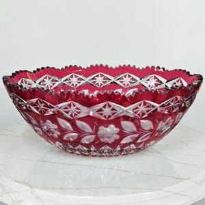 11.75 Inch Ruby Red Cut To Clear Oval Bowl With Saw Tooth Edge And Roses, Vintage Bohemian Glass