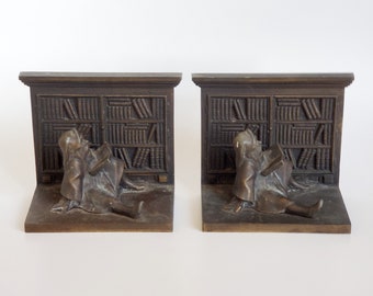 Pair Of Antique Cast Iron Bookends With A Man Reading Books In A Library, Bradley & Hubbard Bookworm Bookends, Heavy Metal Bookends