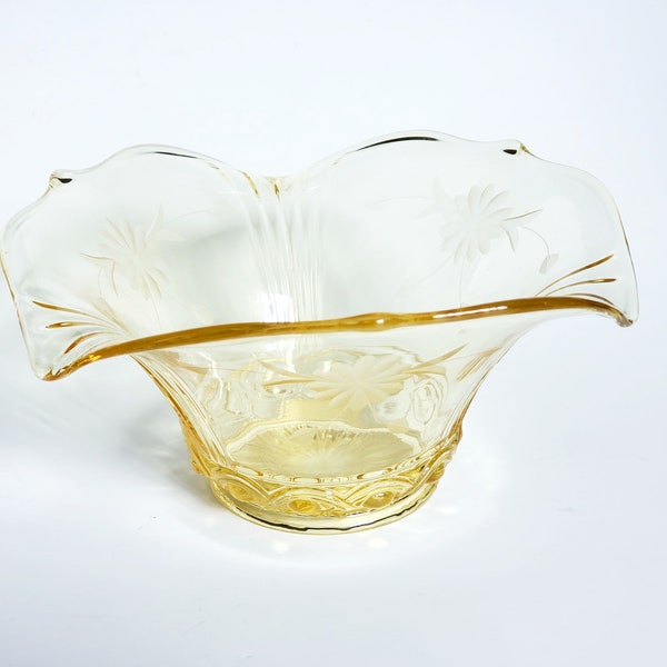 Lancaster Jubilee Bowl, Yellow Depression Glass Serving Dish With Etched Flower, Ruffled Edge