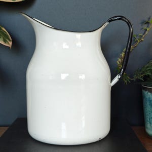 Vintage White Enamel Water Pitcher, Jug with Black Handle and Rim, Large Enamel Pitcher
