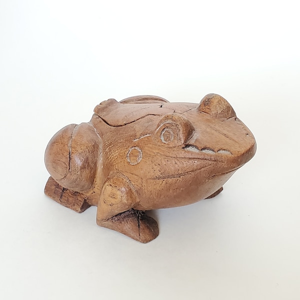 Hand Carved Wood Frog Tobacco Box, Wooden Secret Treasure Box