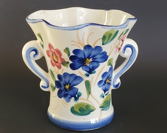 Hand Painted Pottery Vase With Handles, Ceramic Vase Hand Painted With Flowers, Made In Portugal