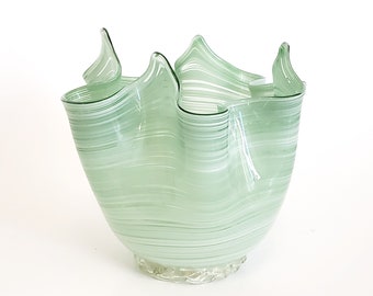 Murano Handkerchief Vase, Green White Stripe Footed Vase With Gold Foil, Italian Art Glass, Murano Filigrana Vase