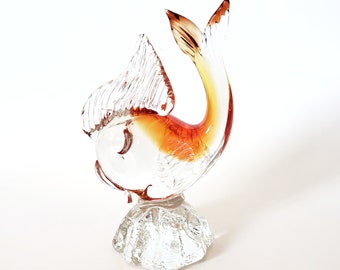 Glass Fish Paperweight, ICET Arte Murano Venezuela, Vintage Art Glass Fish, Handblown Glass Fish Figurine, Clear, Red And Yellow Glass