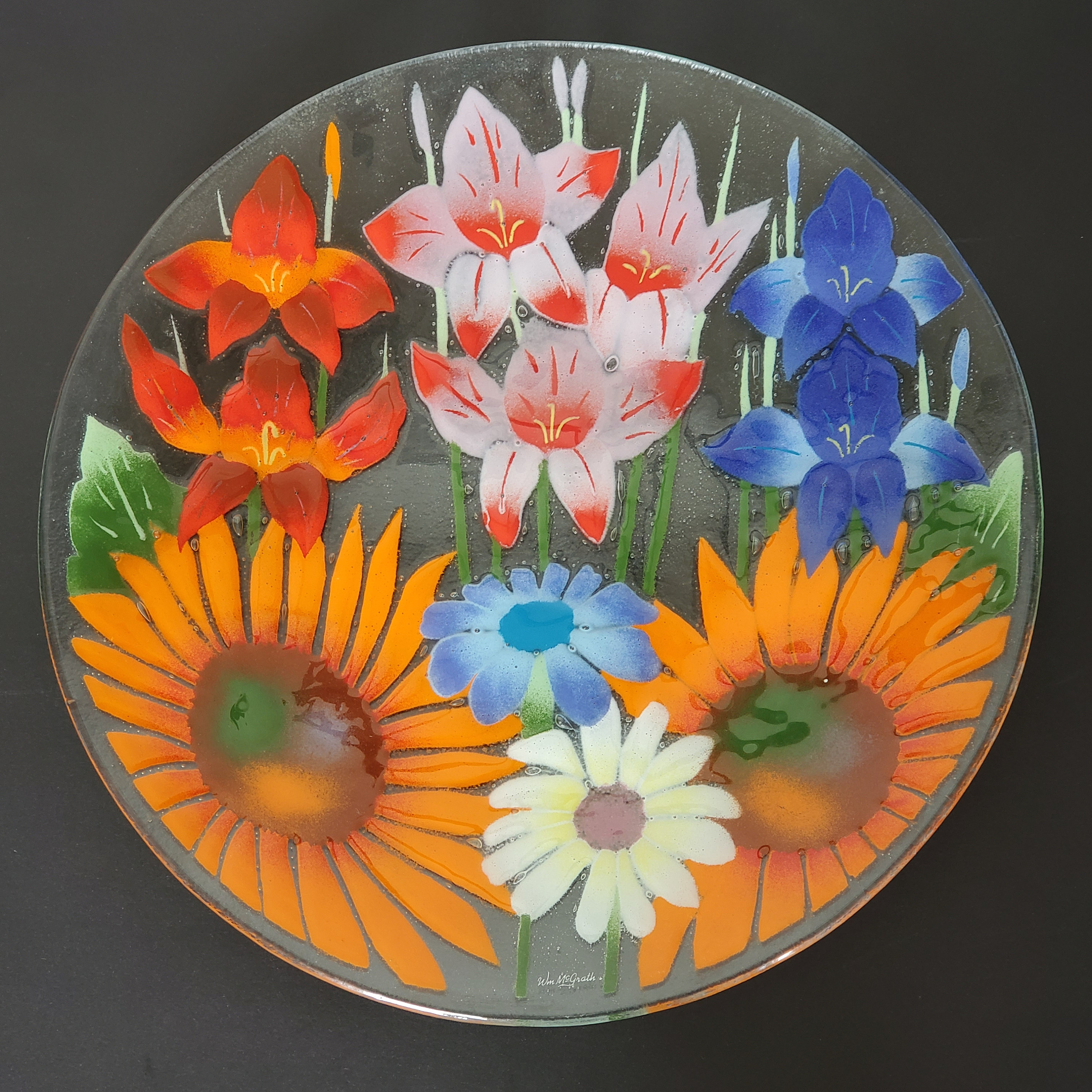 Large Handmade William Mcgrath Fused Glass Plate With Flowers