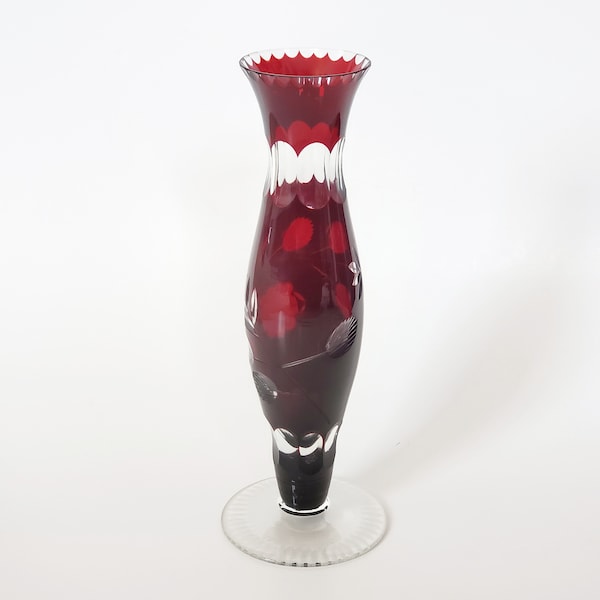 Ruby Red Cut To Clear Glass Footed Vase, Cased Glass Bud Vase With Flowers