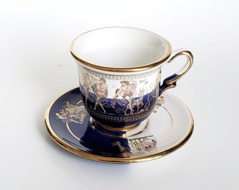 Greek Dagounis Handmade With 24 kt Gold Teacup And Saucer, Blue And White Teacup