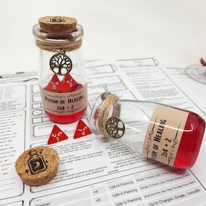 May include: Two glass potion bottles with cork stoppers and labels that read "Potion of Healing 2D4+2". The bottles are filled with a red liquid and have a small tree charm hanging from the top. Two red dice are in front of the bottles.