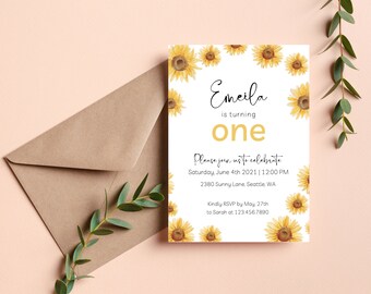 Sunflower Birthday Invitation | Editable Template | First Birthday | Minimalist | Digital Invite | Summer