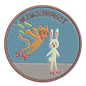 May include: A brown embroidered patch with the word "MISCONDUCT" in a circle. A cat wearing a red scarf is falling on roller skates, while a white rabbit on roller skates stands nearby.
