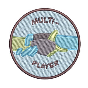 May include: A round, brown-bordered patch with a blue background. The patch features a stylized image of two hands shaking, with the text "MULTI-PLAYER" below.