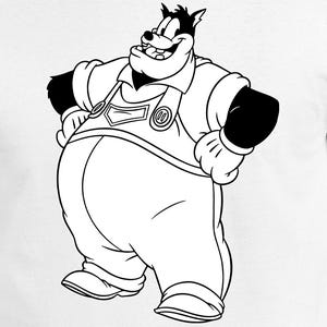 Puede incluir: Camiseta blanca con una ilustración de dibujos animados en blanco y negro de un personaje sonriente con overoles. El personaje tiene pelo negro y barba, y lleva una camisa blanca y overoles. El diseño está centrado en la camiseta.