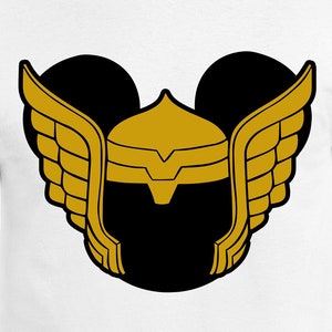 May include: A white t-shirt with a black and gold graphic of a winged helmet in the shape of Mickey Mouse ears.