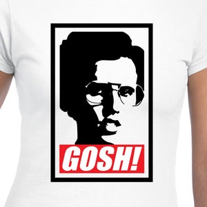 May include: A white t-shirt with a black and white image of a man with glasses and the text "Gosh!" in red.