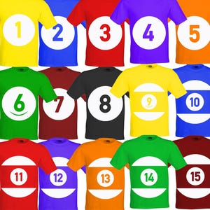 May include: A collection of colorful t-shirts, each featuring a large white circle with a number from 1 to 15. The shirts are in various colors, including yellow, blue, red, purple, orange, green, and black. The numbers are in white.