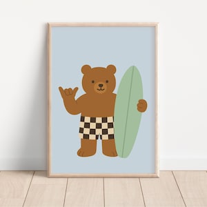 Puede incluir: Una impresión enmarcada que presenta un oso de dibujos animados con pelaje marrón, que lleva pantalones cortos a cuadros y sostiene una tabla de surf verde. El oso está haciendo un gesto de mano shaka sobre un fondo azul claro. La obra de arte está en un marco de madera.