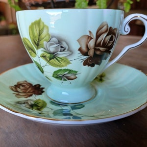 Vintage Cup and Saucer Royal Grafton Mint Green Rose Pattern 1960&#39;s Fine Bone China Made in England/ClassyGlassByMarsha