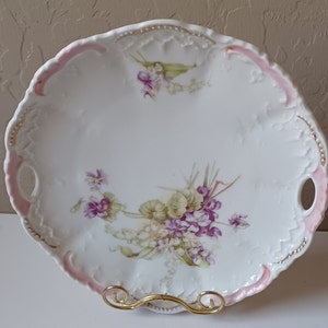 Vintage Weimar Germany Floral Cake Plate with Handles Violet/Green Porcelain Romantic Cottage Country