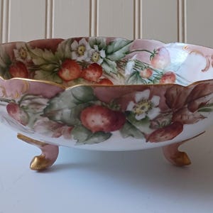 Vintage Footed Serving Bowl, French Limoges Style, Strawberry/Floral Motif, Gold Filigree Trim