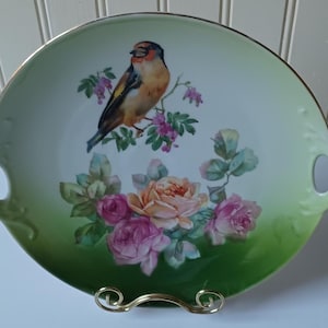 Antique German Serving Plate with Handles, Roses and Bird Motif on Emerald Green Background, Romantic Cottage Country