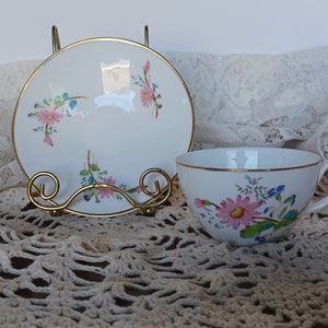 Antique Cup and Saucer SB & Son Floral Pattern Pink Blue Green on White Made in Longton Staffordshire England/ClassyGlassByMarsha