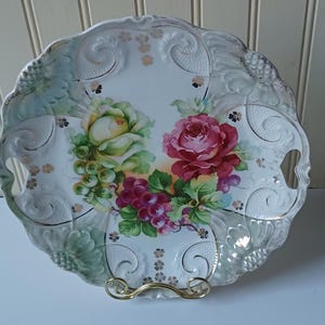 Vintage Porcelain Cake Plate with Handles: Cabbage Roses & Grapes
