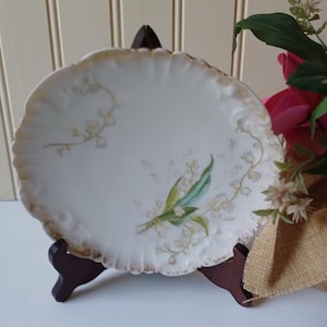 Antique Limoges France Dessert Plate, Lily of the Valley Motif, Green/White/Gold, Hand Painted Porcelain, Scalloped Edge, Embossed Flowers