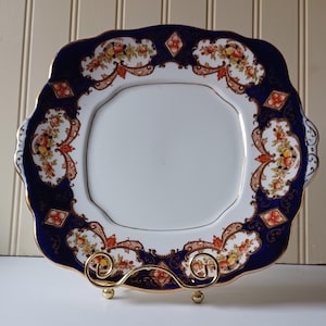 Royal Albert Square Handled Cake Plate Blue/White/Orange/Gold Floral Motif Vintage