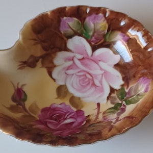 Vintage Lefton Trinket Dish Heritage Rose Pink/Brown Colors Shell Shaped Dish Hand Painted